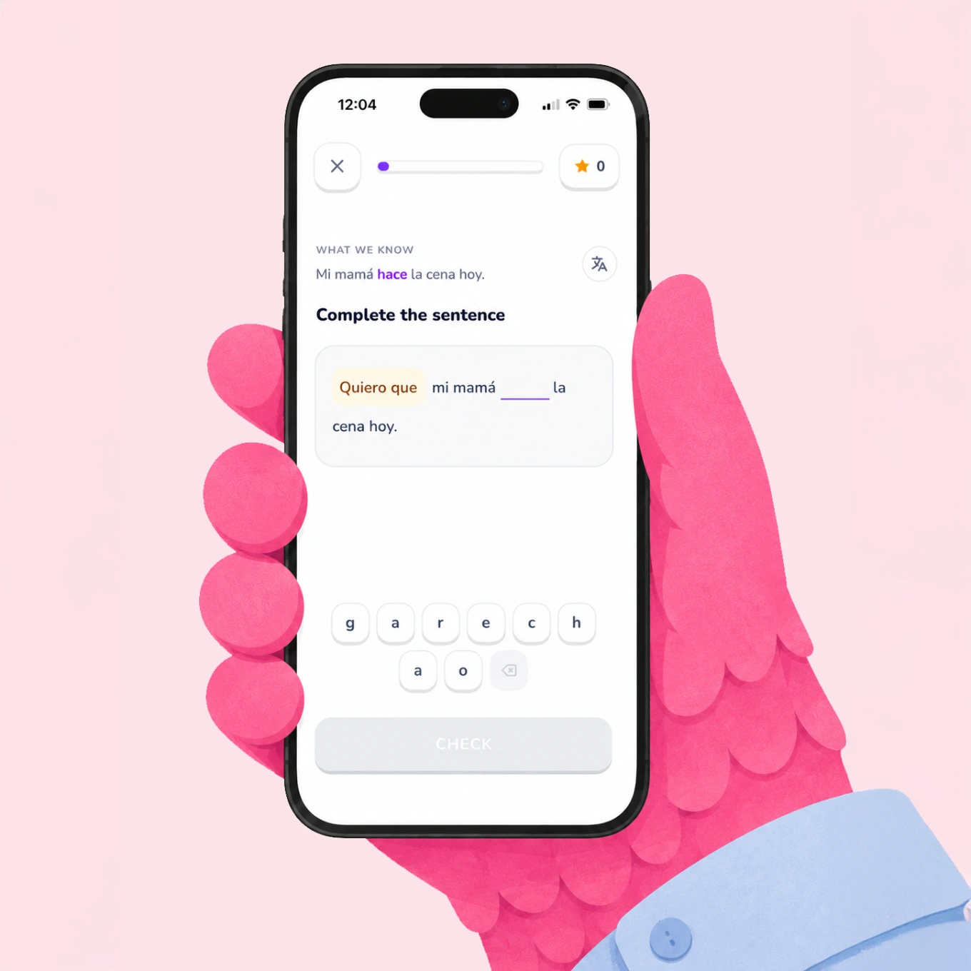 A hand holding a phone showing a Modo exercise: complete the sentence Quiero que mi mamá ___ la cena hoy