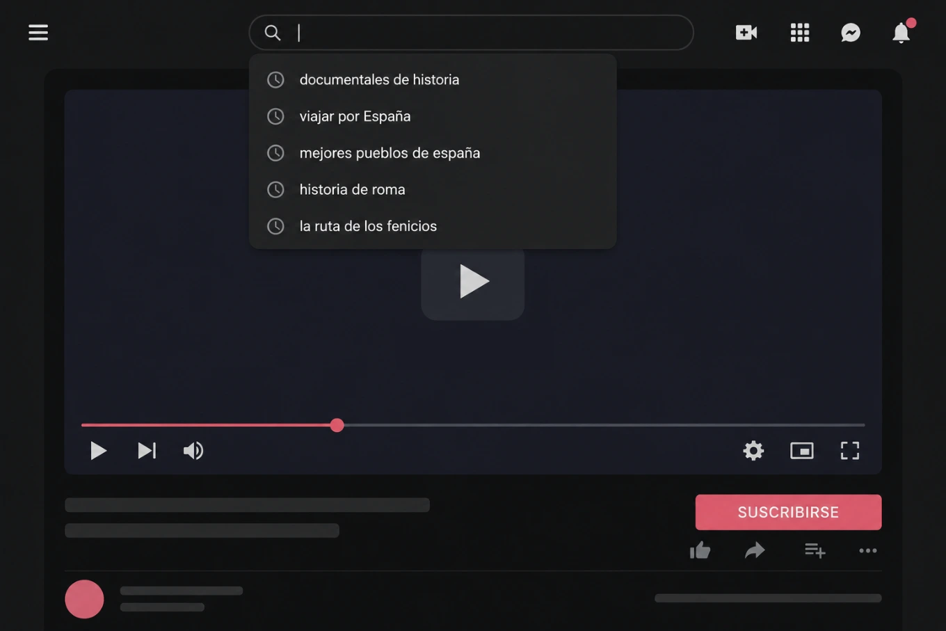 A YouTube search box with Spanish suggestions like documentales de historia and viajar por España
